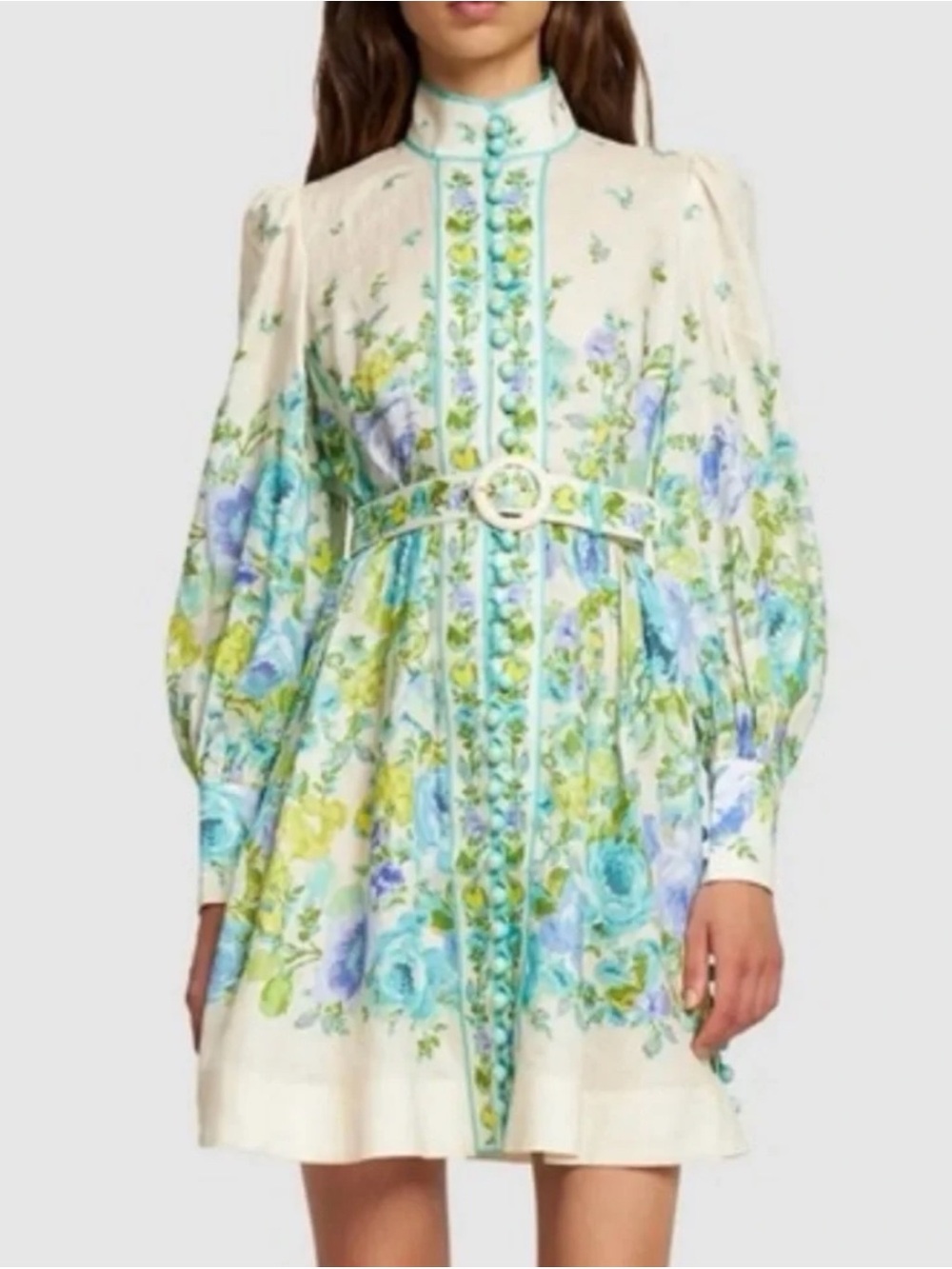 Zimmermann Cream Mini Dress with Blue and Green Floral Print